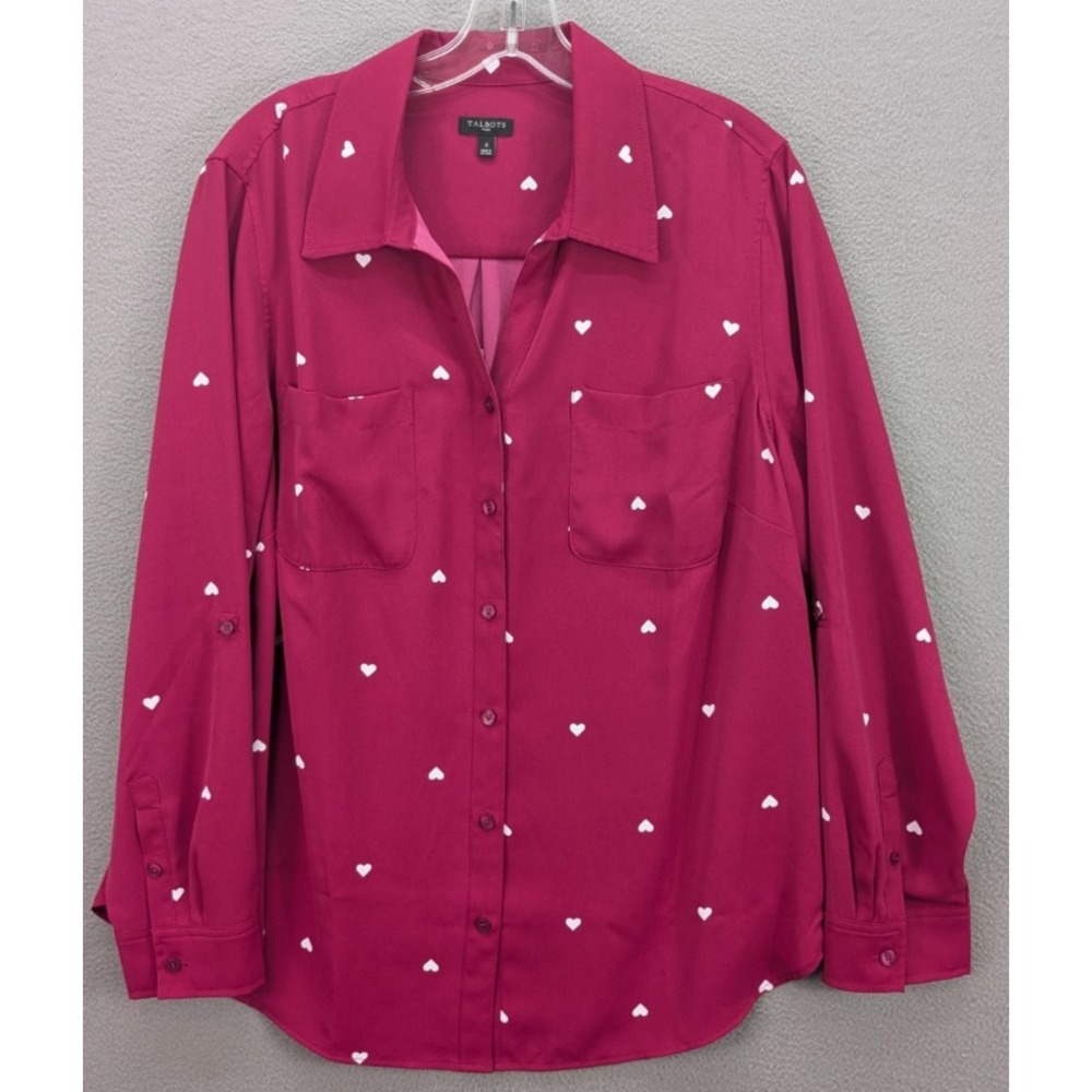 Talbots Heart Print Collared Button Front Long Sl… - image 4
